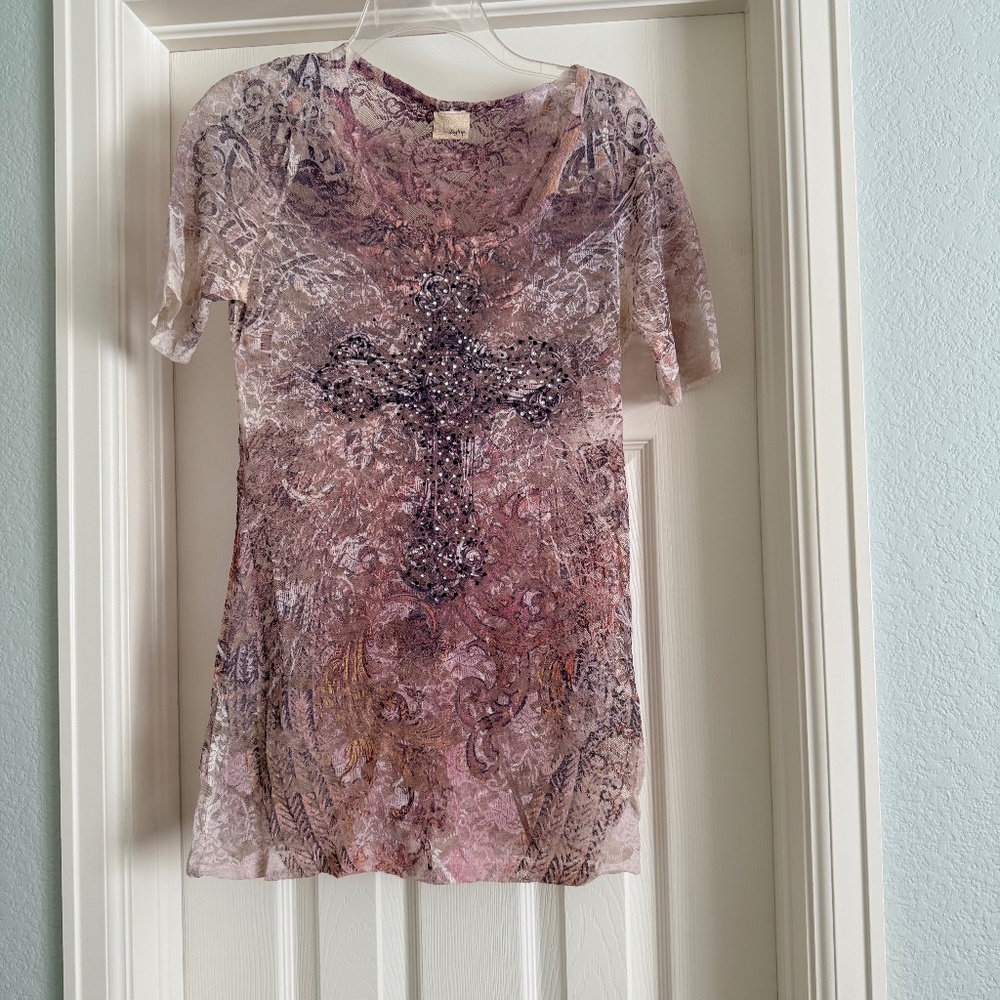 Daytrip sheer lace top M Y2K with bling sequin cross